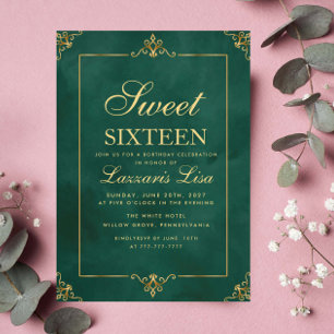 Elegant Gold Sweet Sixteen 16 Green Birthday Invitation