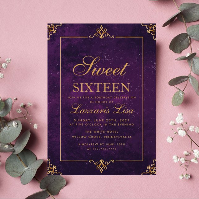 Elegant Gold Sweet Sixteen 16 Purple Birthday Invitation (Creator Uploaded)