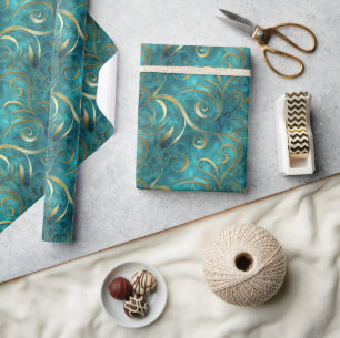 Elegant Gold Swirl Pattern on Turquoise Background Wrapping Paper