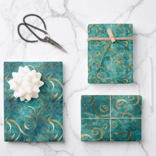 Elegant Gold Swirl Pattern on Turquoise Background Wrapping Paper Sheet