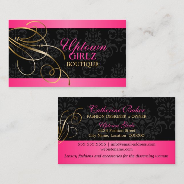 Elegant Gold Swirls and Black Damask Business Card (Front/Back)