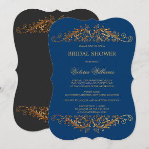 Elegant Gold Swirls Blue Invitation