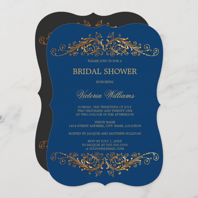 Elegant Gold Swirls Blue Invitation (Front/Back)