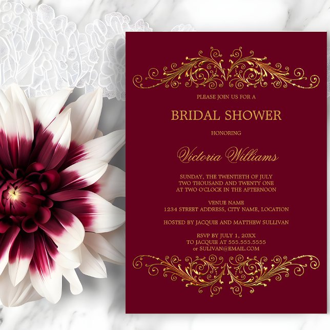 Elegant Gold Swirls Burgundy Wine Invitation (Elegant gold swirls invitation front view.  Gold and burgundy bridal shower invitation.)