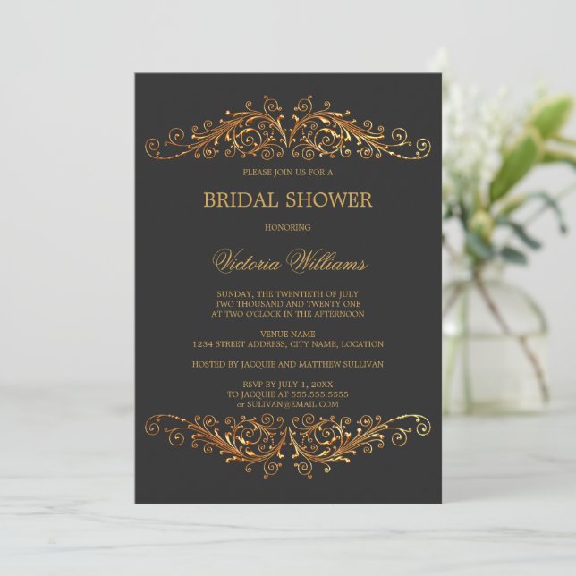 Elegant Gold Swirls Dark Grey Invitation (Standing Front)
