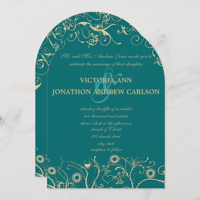 Elegant Gold Swirls Deep Emerald or any colour Invitation (Front/Back)