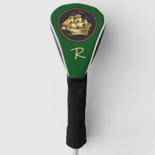 Elegant Gold Tall Masted Ship with Monogram Golf Head Cover