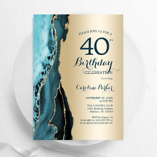 Elegant Gold Teal Agate 40th Birthday Invitation