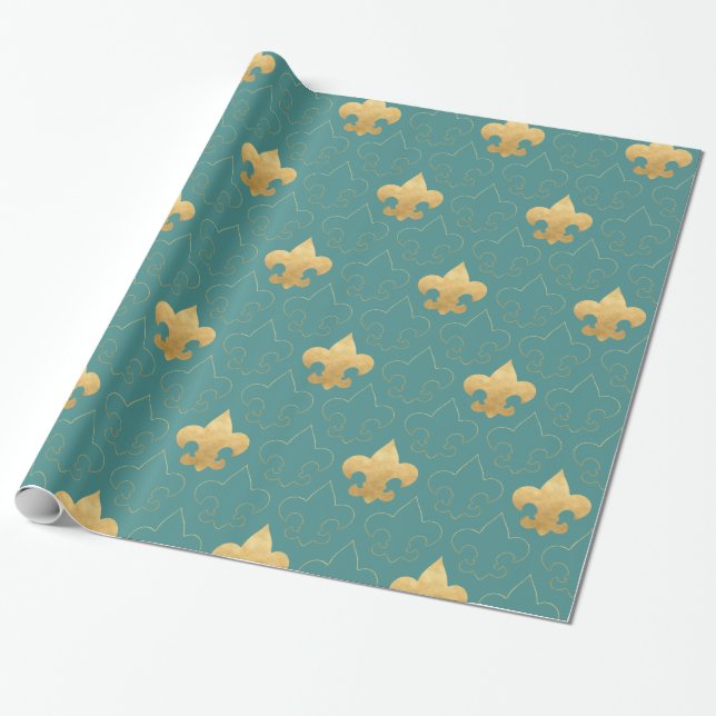 Elegant Gold & Teal Fleur De Lis Wrapping Paper (Unrolled)