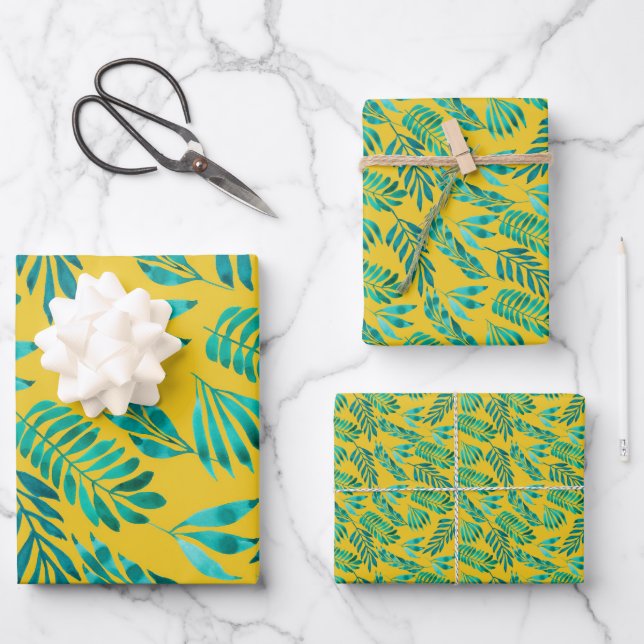 Elegant Gold Teal Foliage Leaf Pattern Wrapping Paper Sheet (Front)
