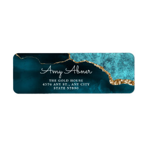 Elegant Gold Teal Glitter Agate Return Address