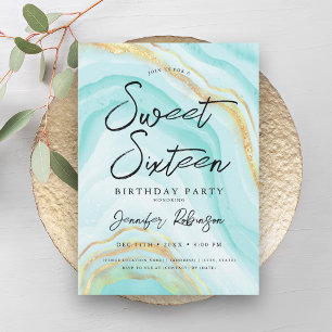 Elegant Gold Teal Glitter Chic Marble Sweet 16  Invitation
