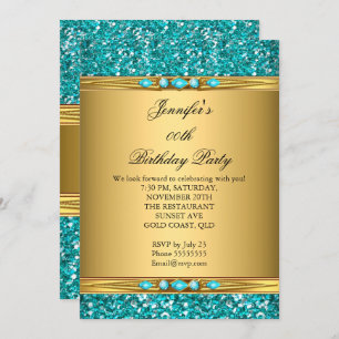 Elegant Gold Teal Glitter Diamond Birthday Party Invitation