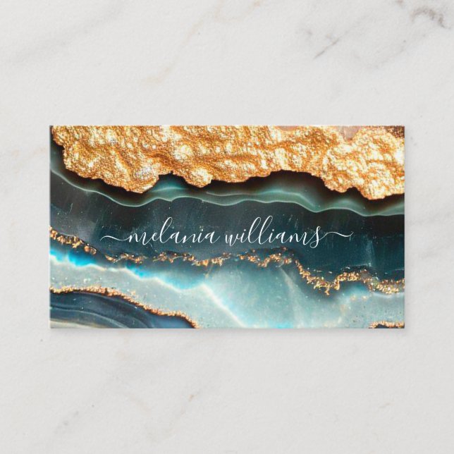 Elegant Gold Teal Marble Agate Geode QR Code  Business Card (Front)