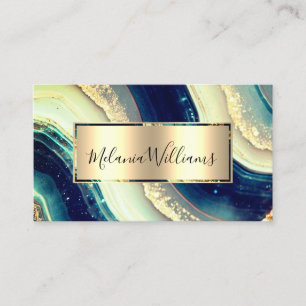 Elegant Gold Teal Marble Agate Geode QR Code Business Card