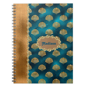Elegant Gold Teal Metallic Shells Personalize Name Notebook