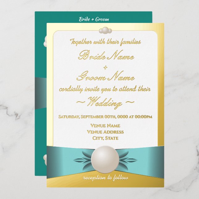Elegant Gold & Teal Pearl Ribbon Photo Wedding (Front/Back)