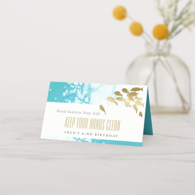 Elegant Gold Teal Underwater Fish Any Age Birthday Place Card (Front)