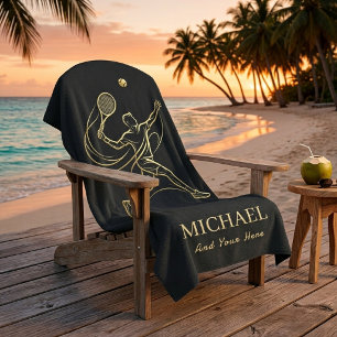 Elegant Gold Tennis Player with Custom Name Beach Towel