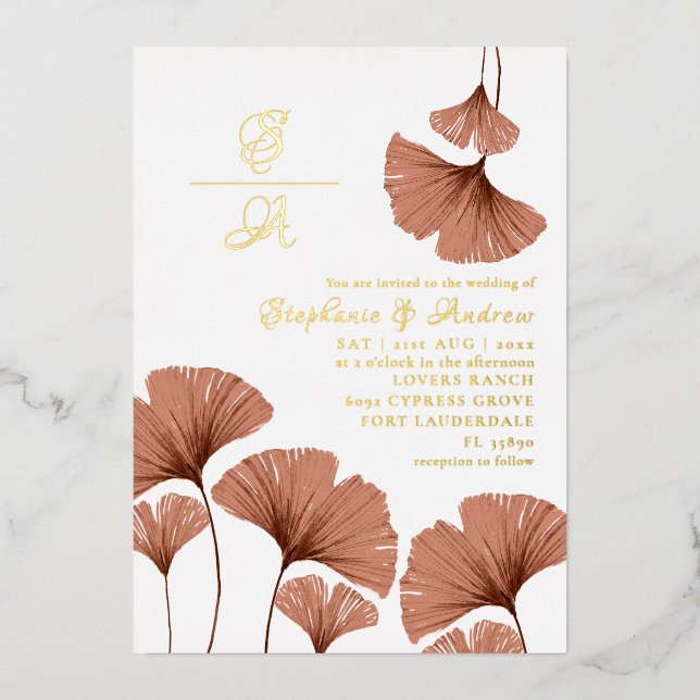 Elegant Gold Terracotta Foliage Wedding Invitation (Front)