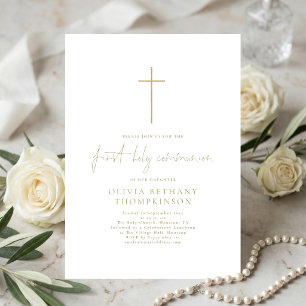 Elegant Gold Text Cross First Holy Communion Invitation