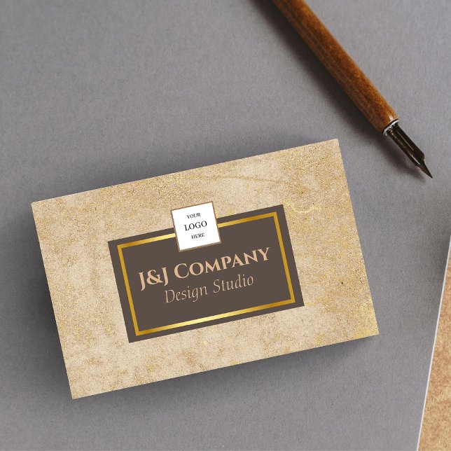 Elegant Gold Texture Brown Frame Logo Business Card (Creator Uploaded)