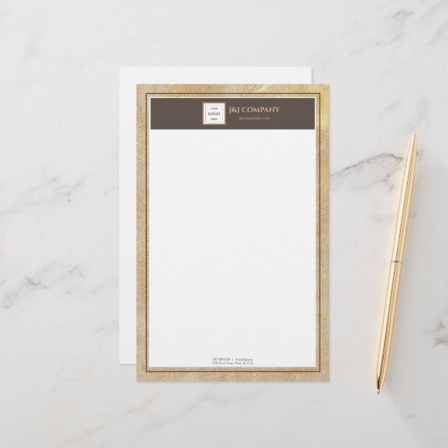 Elegant Gold Texture Brown Frame Stationery (Front/Back In Situ)