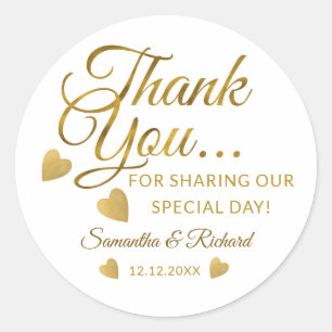 Elegant Gold Thank You Custom Wedding Party Favour Classic Round Sticker