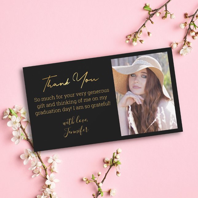 elegant gold  thank you graduation photo black card (Creator Uploaded)