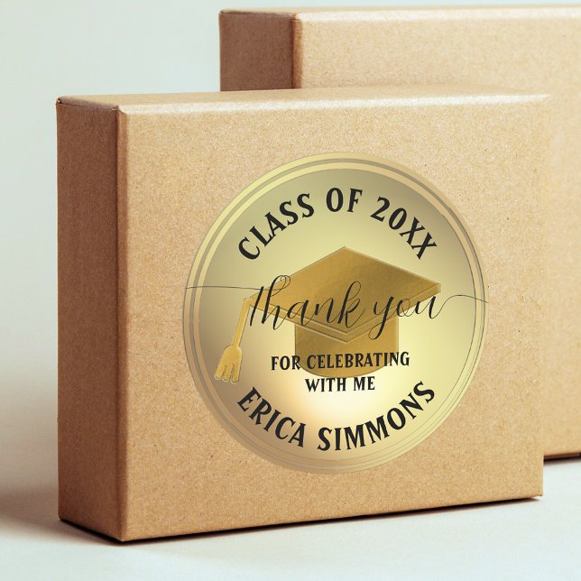 Elegant Gold Thank You Script Graduation Classic Round Sticker (Creator Uploaded)