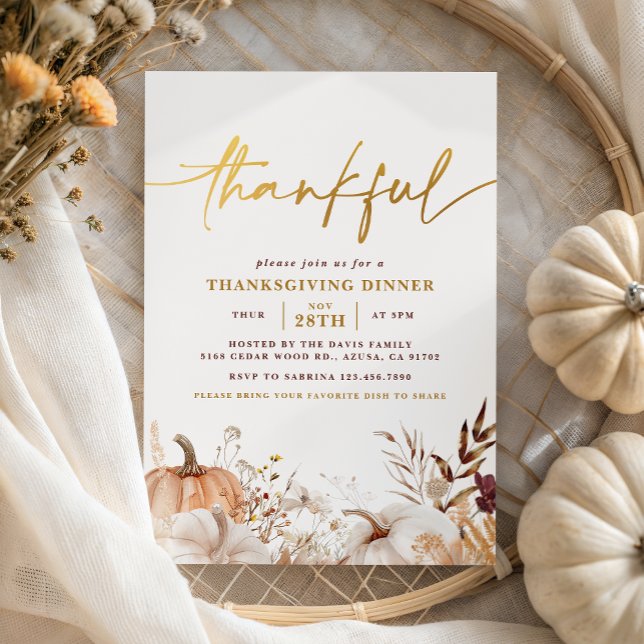 Elegant Gold Thankful Fall Thanksgiving Dinner Invitation (Creator Uploaded)
