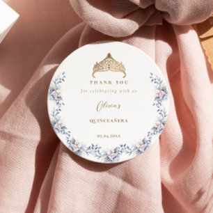 Elegant Gold Tiara Blue Floral Quinceañera Classic Round Sticker