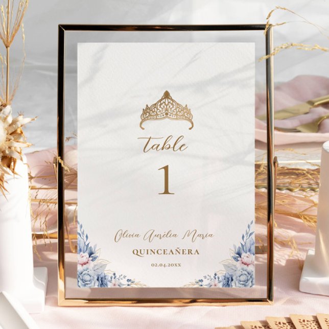Elegant Gold Tiara Blue Floral Quinceañera Table Number (Creator Uploaded)