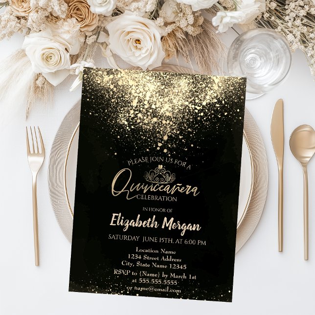 Elegant  Gold Tiara, Confetti Quinceañera Invitation (Creator Uploaded)