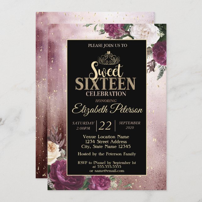 Elegant Gold Tiara,Frame Burgundy Sweet 16 Party Invitation (Front/Back)