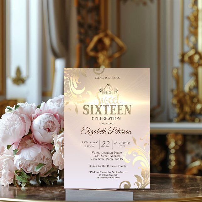 Elegant Gold Tiara Sweet Diamonds 16 Party Invitation (Creator Uploaded)
