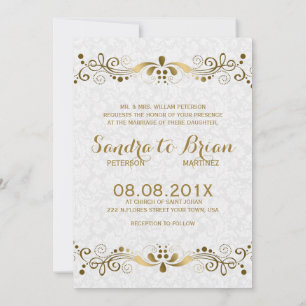 Elegant Gold Tones Floral Lace With White Damasks Invitation