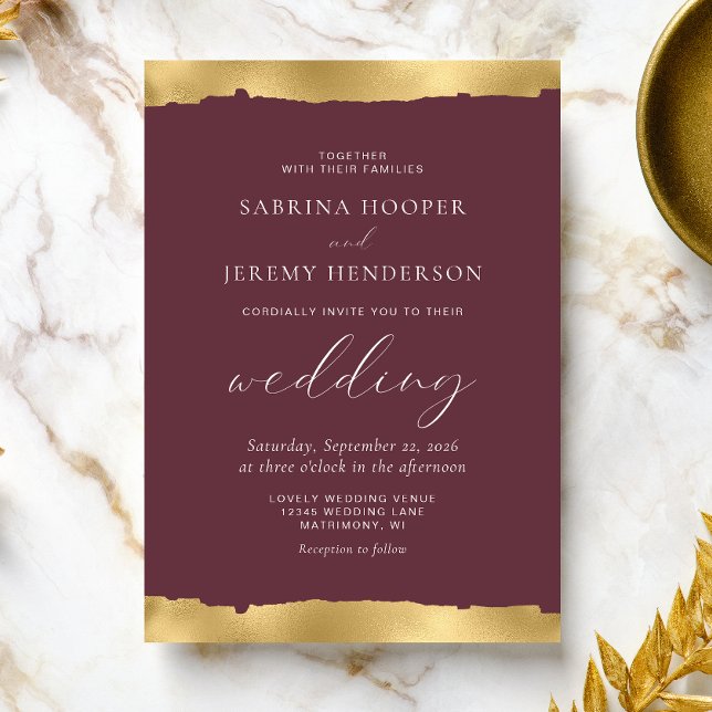 Elegant Gold Torn Edge Burgundy Wedding Invitation (Creator Uploaded)