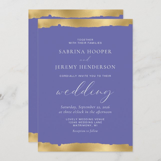 Elegant Gold Torn Edge Periwinkle Wedding Invitation (Front/Back)
