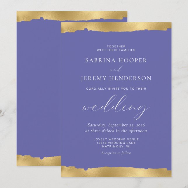 Elegant Gold Torn Edge Very Peri Wedding Invitation (Front/Back)