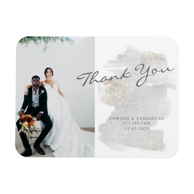 Elegant Gold-Touched Silver-Grey Wedding Thank You Magnet (Horizontal)