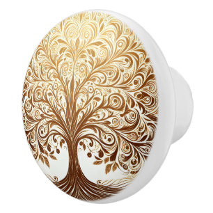 Elegant Gold Tree of Life Spiritual Zen Ceramic Knob