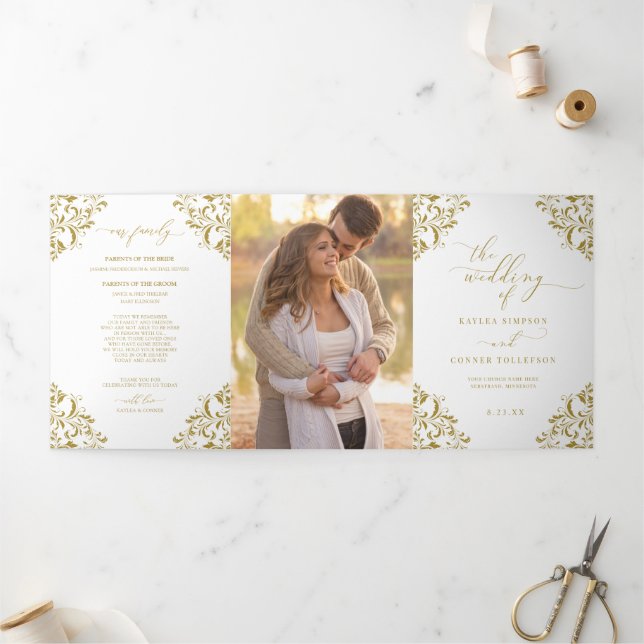 Elegant Gold Tri-fold Wedding Program Booklet (Outside)