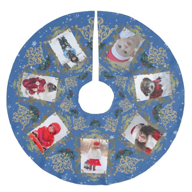Elegant Gold Trim Family Christmas Photo Collage Brushed Polyester Tree Skirt (Front)