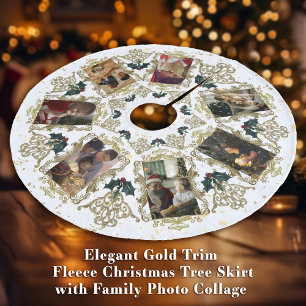 Elegant Gold Trim Family Christmas Photo Collage Fleece Tree Skirt