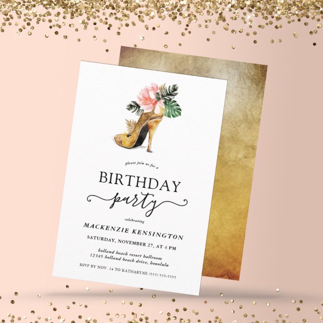 Elegant Gold Tropical Floral Gold Heels Birthday Invitation (Creator Uploaded)