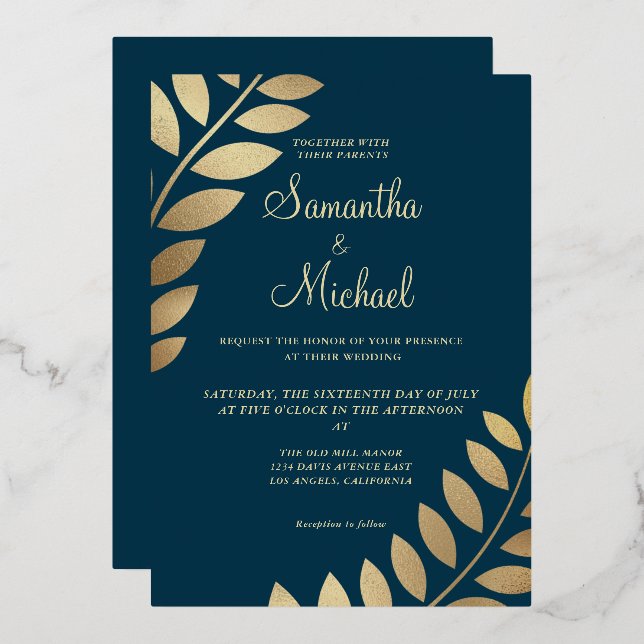 Elegant Gold Tropical Leaves Photo Wedding Real (Front/Back)