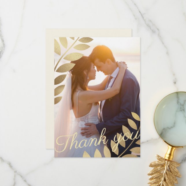Elegant Gold Tropical Leaves Photo Wedding Thank You Card (Front/Back In Situ)