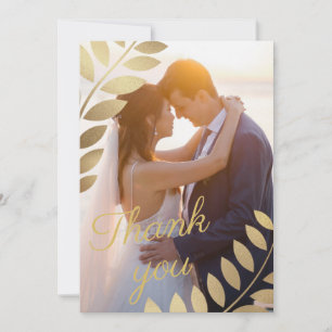 Elegant Gold Tropical Leaves Photo Wedding Thank You Card