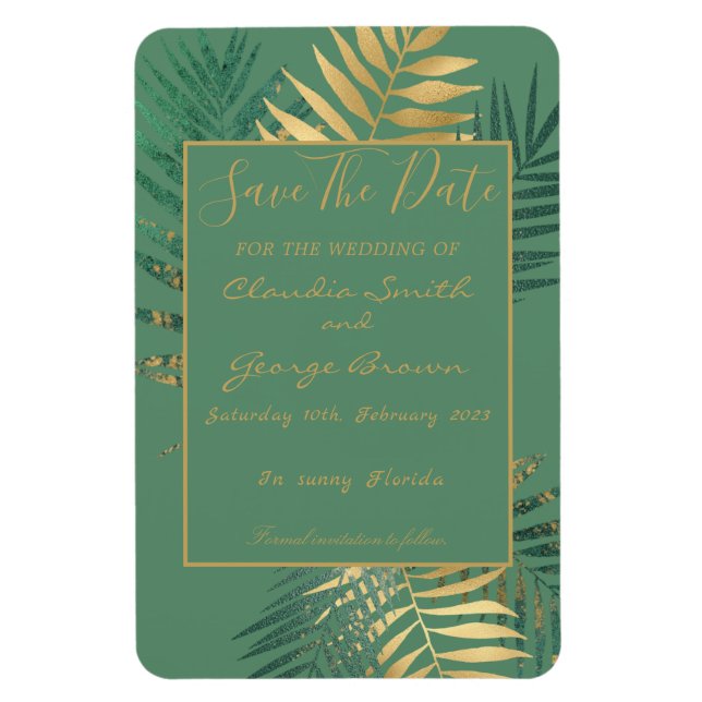 Elegant Gold Tropical Leaves Save The Date Magnet (Vertical)